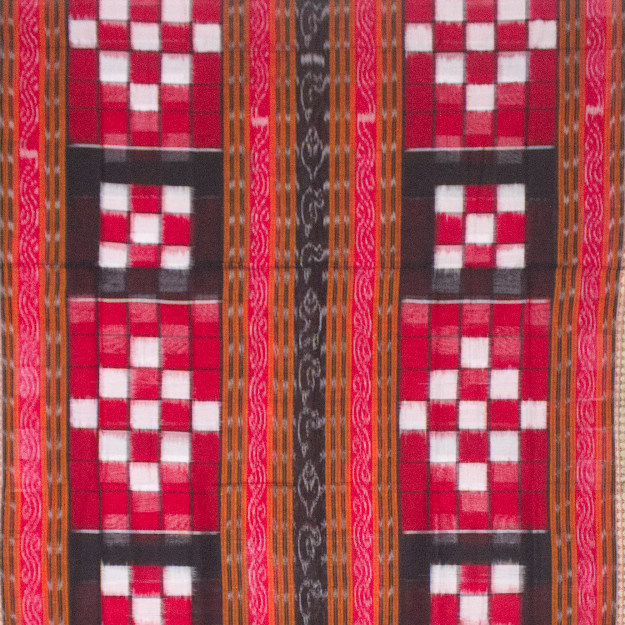 Crimson Red & Charcoal Black Pasapalli Checkerboard Sambalpuri Double Ikat Cotton Saree