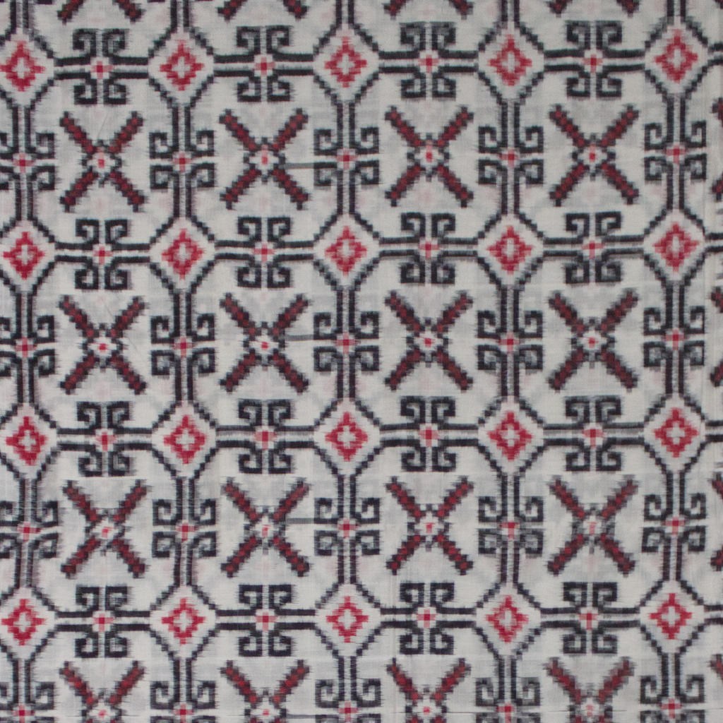 Off-White & Crimson Red Geometric Grid Telia Rumal Double Ikat Cotton Saree