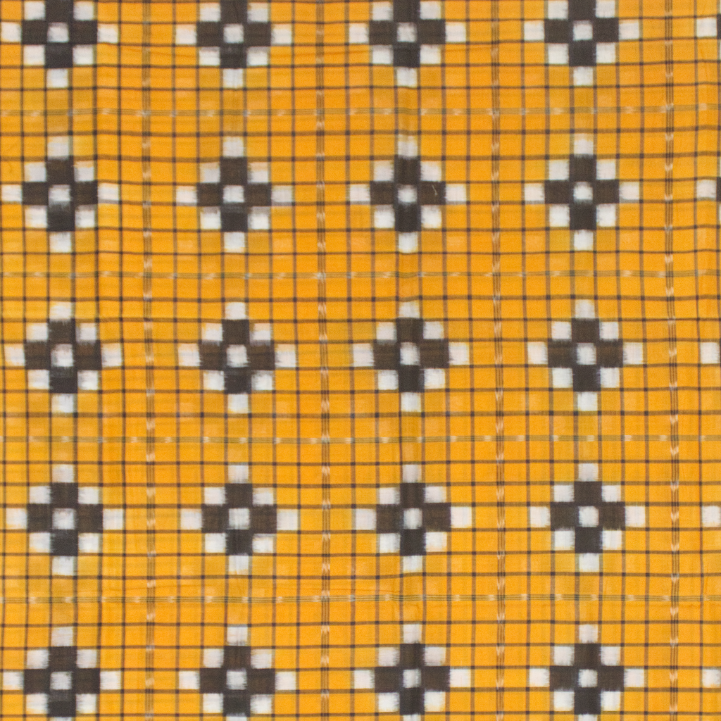 Mustard Yellow & Charcoal Black Grid Motif Sambalpuri Double Ikat Cotton Saree