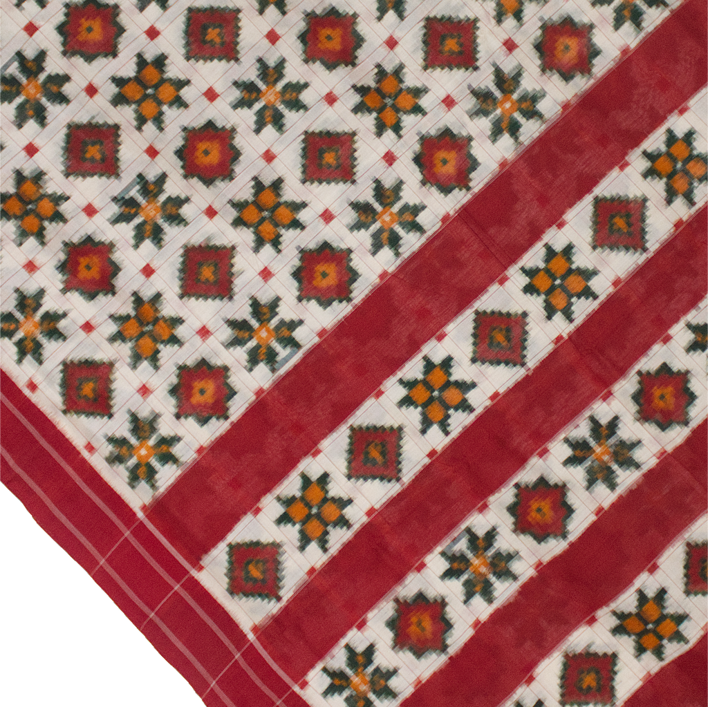 Off White & Crimson Red Floral Grid Telia Rumal Double Ikat Cotton Saree