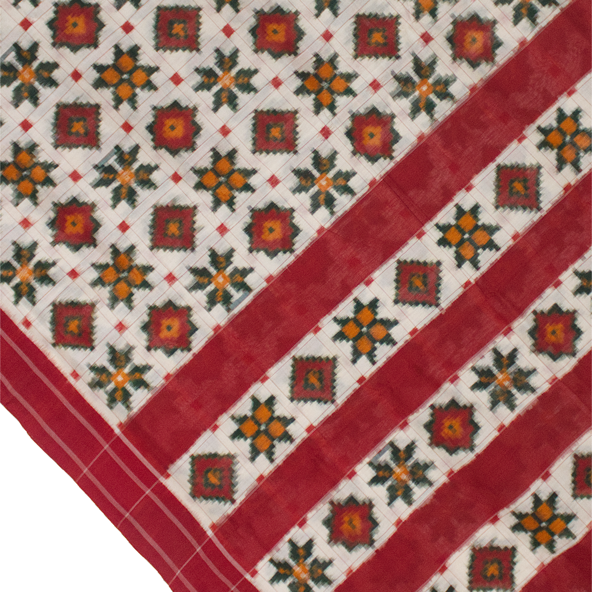 Off White & Crimson Red Floral Grid Telia Rumal Double Ikat Cotton Saree