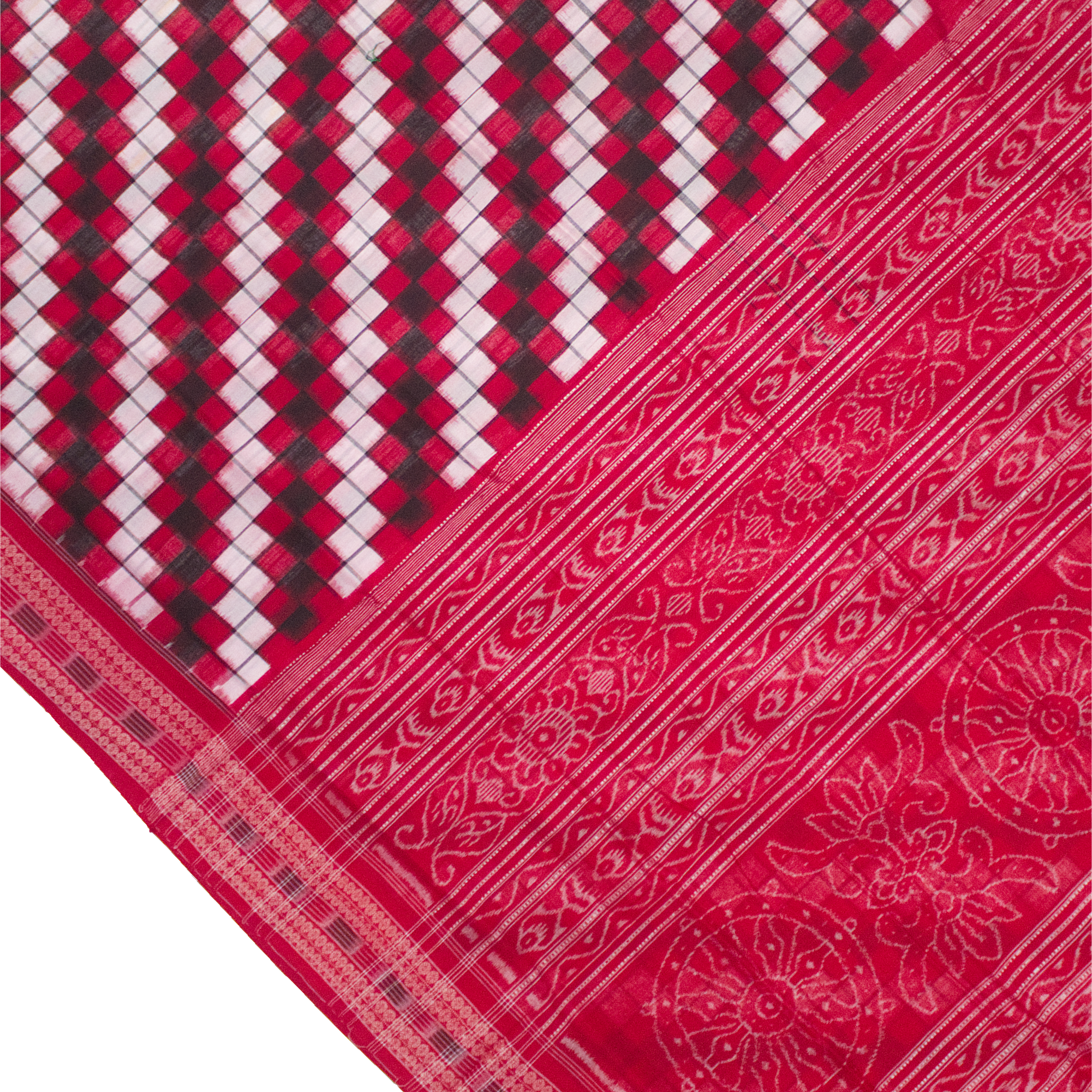 Ethnica Red & Black Checkered Ikat Handloom Saree