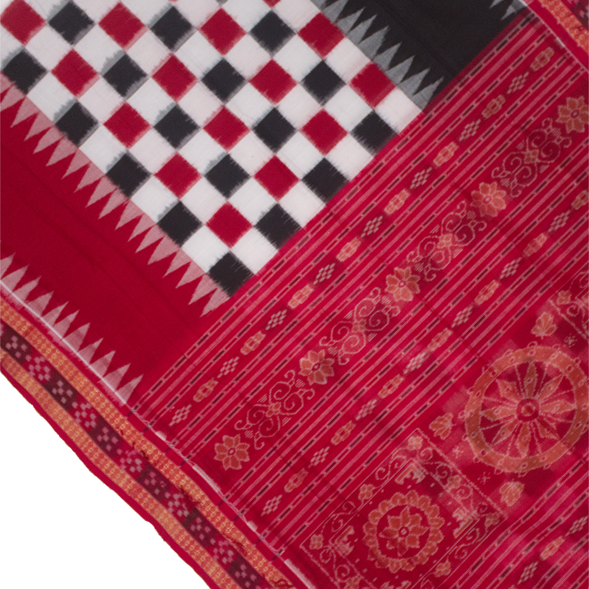 Crimson Red & Jet Black Pasapalli Checkerboard Bichitrapuri Double Ikat Cotton Saree