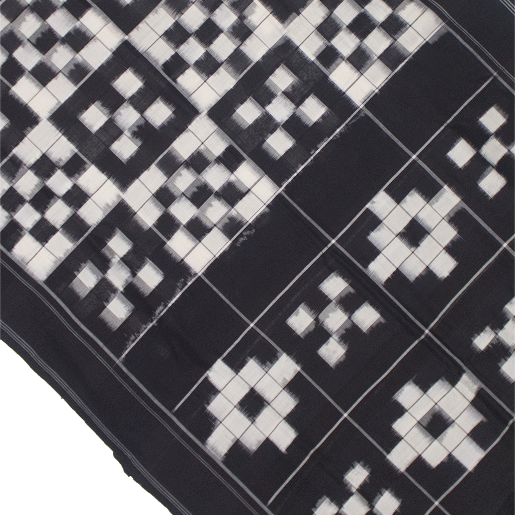 Midnight Black & Ivory White Grid Telia Rumal Double Ikat Cotton Saree