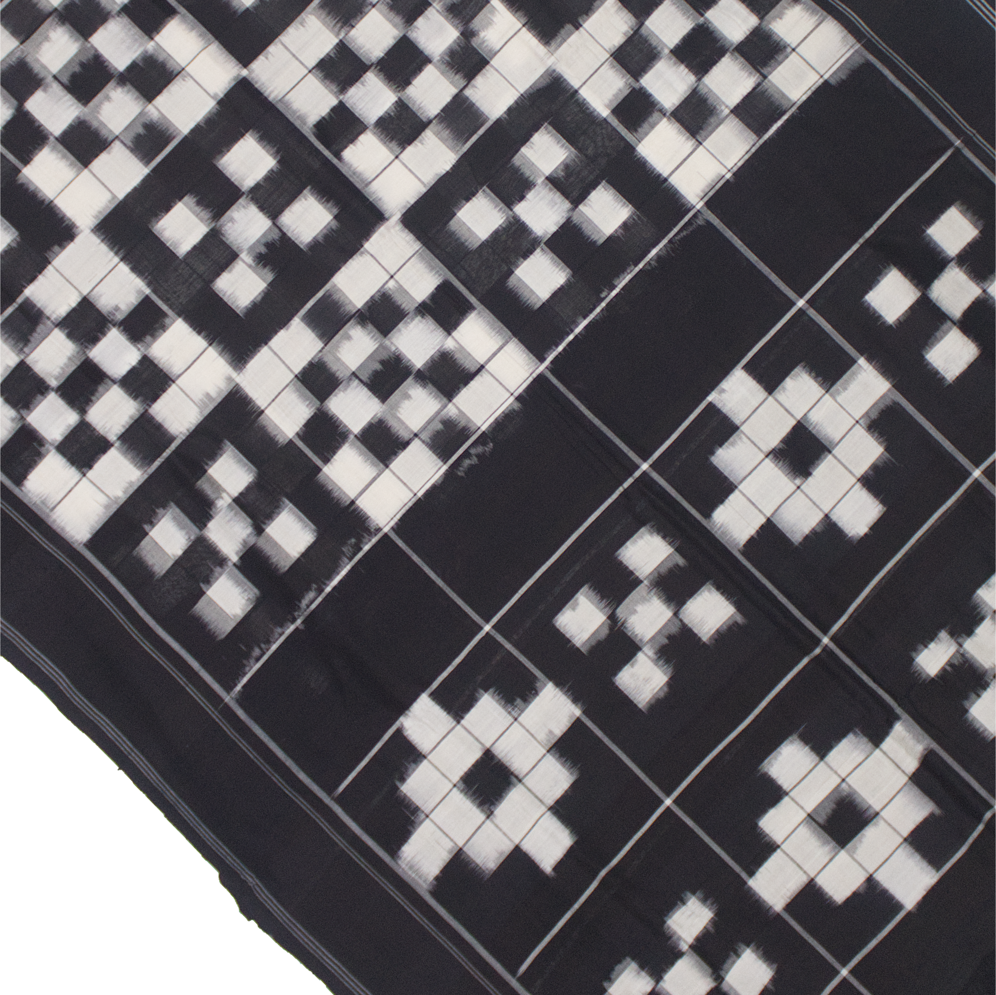 Midnight Black & Ivory White Grid Telia Rumal Double Ikat Cotton Saree