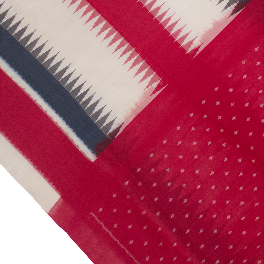 Crimson Red & Off-White Geometric Striped Sambalpuri Single Ikat Cotton Saree
