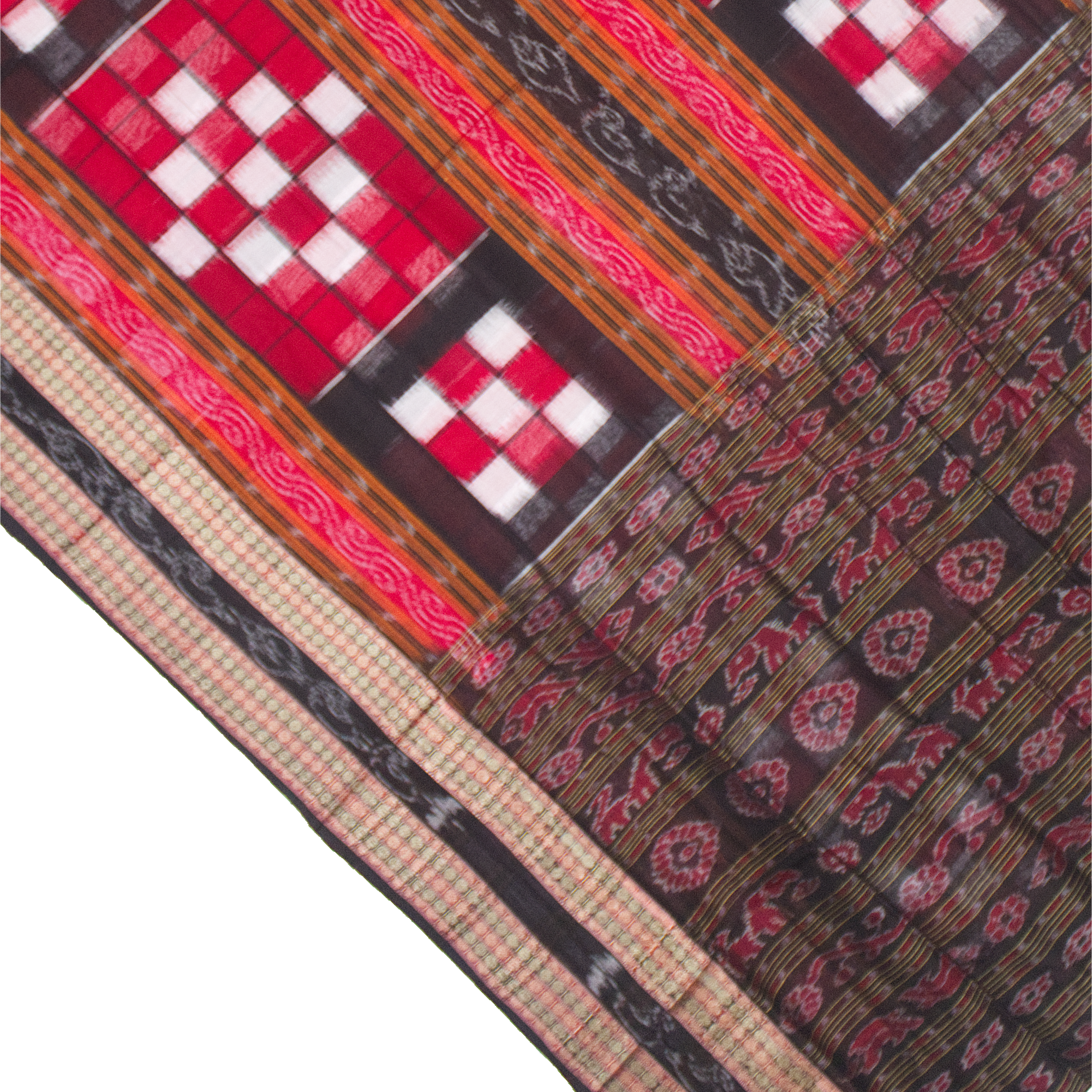 Crimson Red & Charcoal Black Pasapalli Checkerboard Sambalpuri Double Ikat Cotton Saree