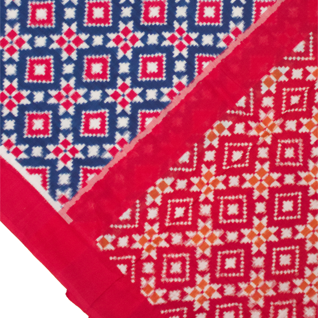 Indigo Blue & Crimson Red Geometric Pochampally Double Ikat Cotton Saree