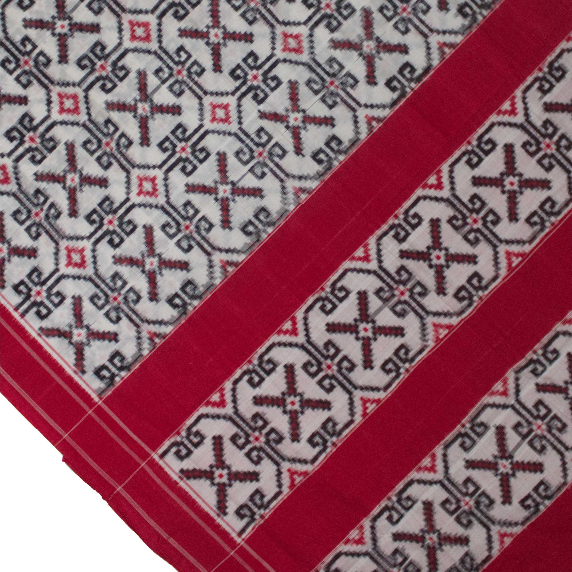 Off-White & Crimson Red Geometric Grid Telia Rumal Double Ikat Cotton Saree