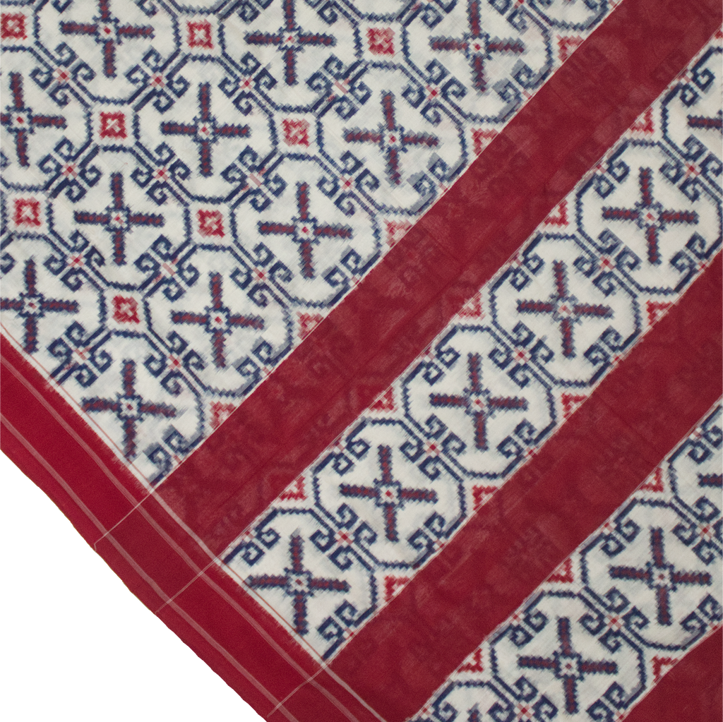 Off-White & Crimson Red Geometric Pochampally Double Ikat Cotton Saree