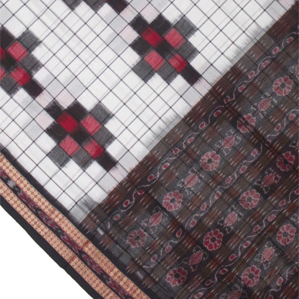 Pearl White & Crimson Red Geometric Sambalpuri Double Ikat Cotton Saree