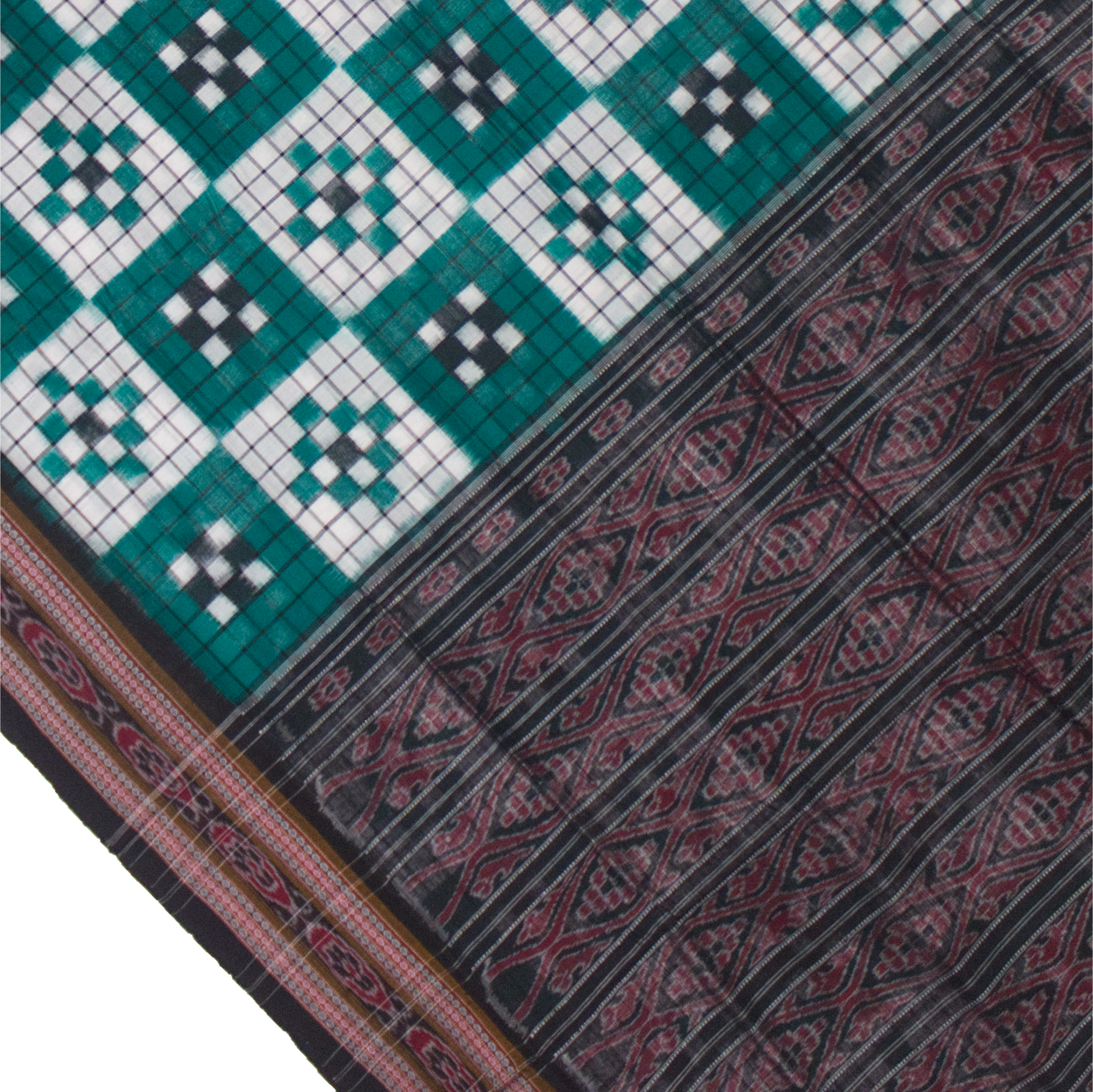Ethnica Handloom Teal & White Ikat Saree with Maroon Border