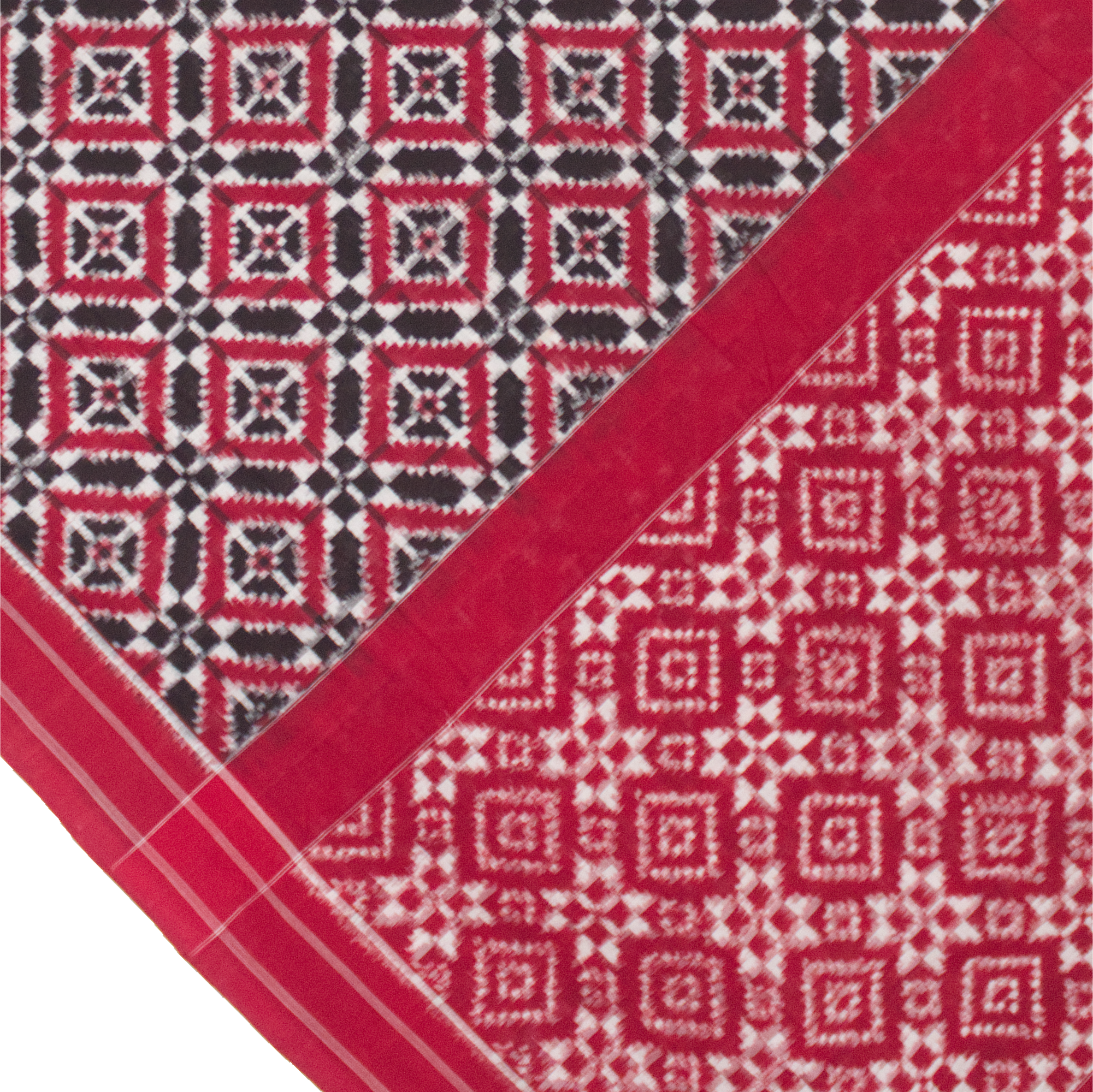 Crimson Red & Jet Black Geometric Grid Telia Rumal Double Ikat Cotton Saree