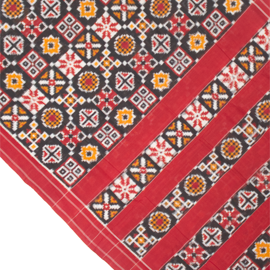 Charcoal Black & Madder Red Geometric Sambalpuri Double Ikat Cotton Saree