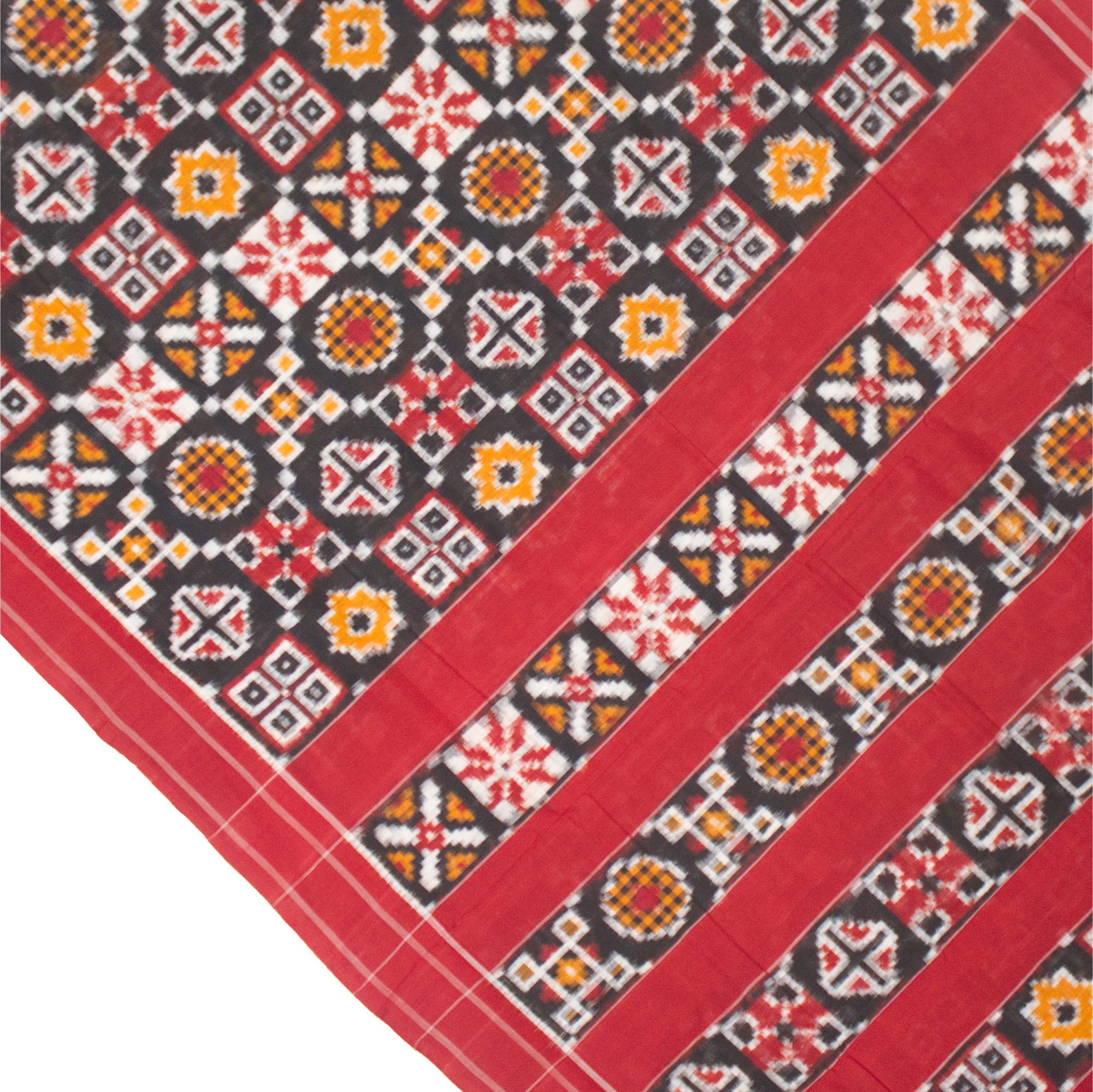 Charcoal Black & Madder Red Geometric Sambalpuri Double Ikat Cotton Saree