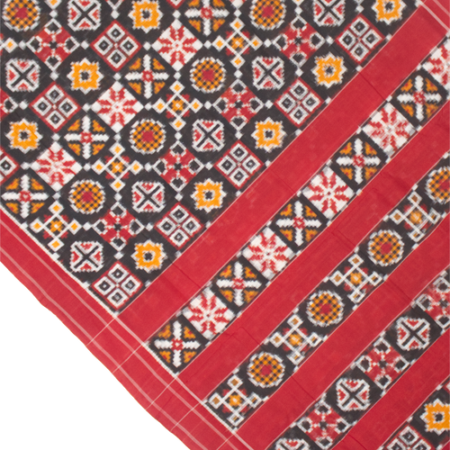 Charcoal Black & Madder Red Geometric Sambalpuri Double Ikat Cotton Saree