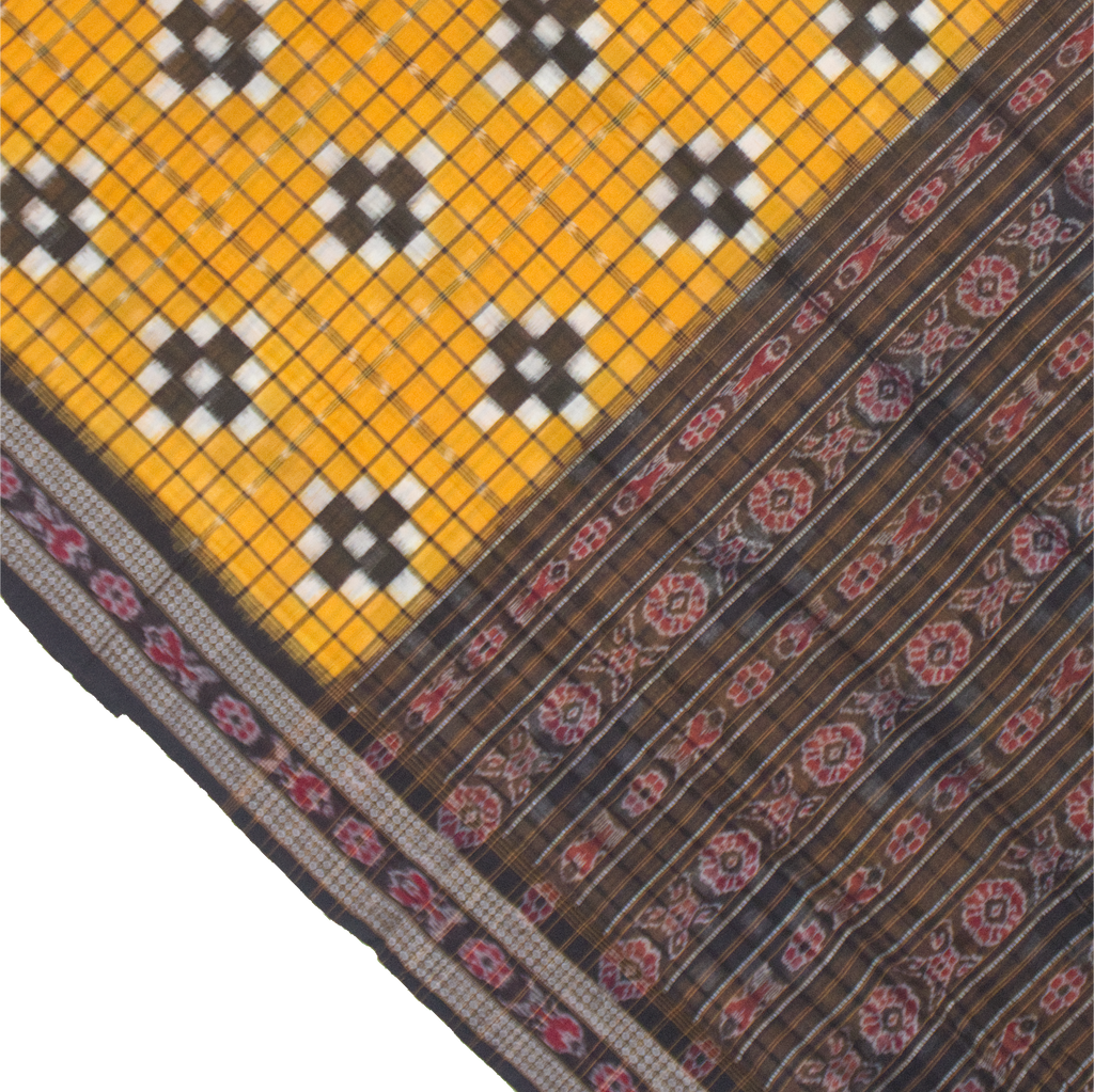 Mustard Yellow & Charcoal Black Grid Motif Sambalpuri Double Ikat Cotton Saree