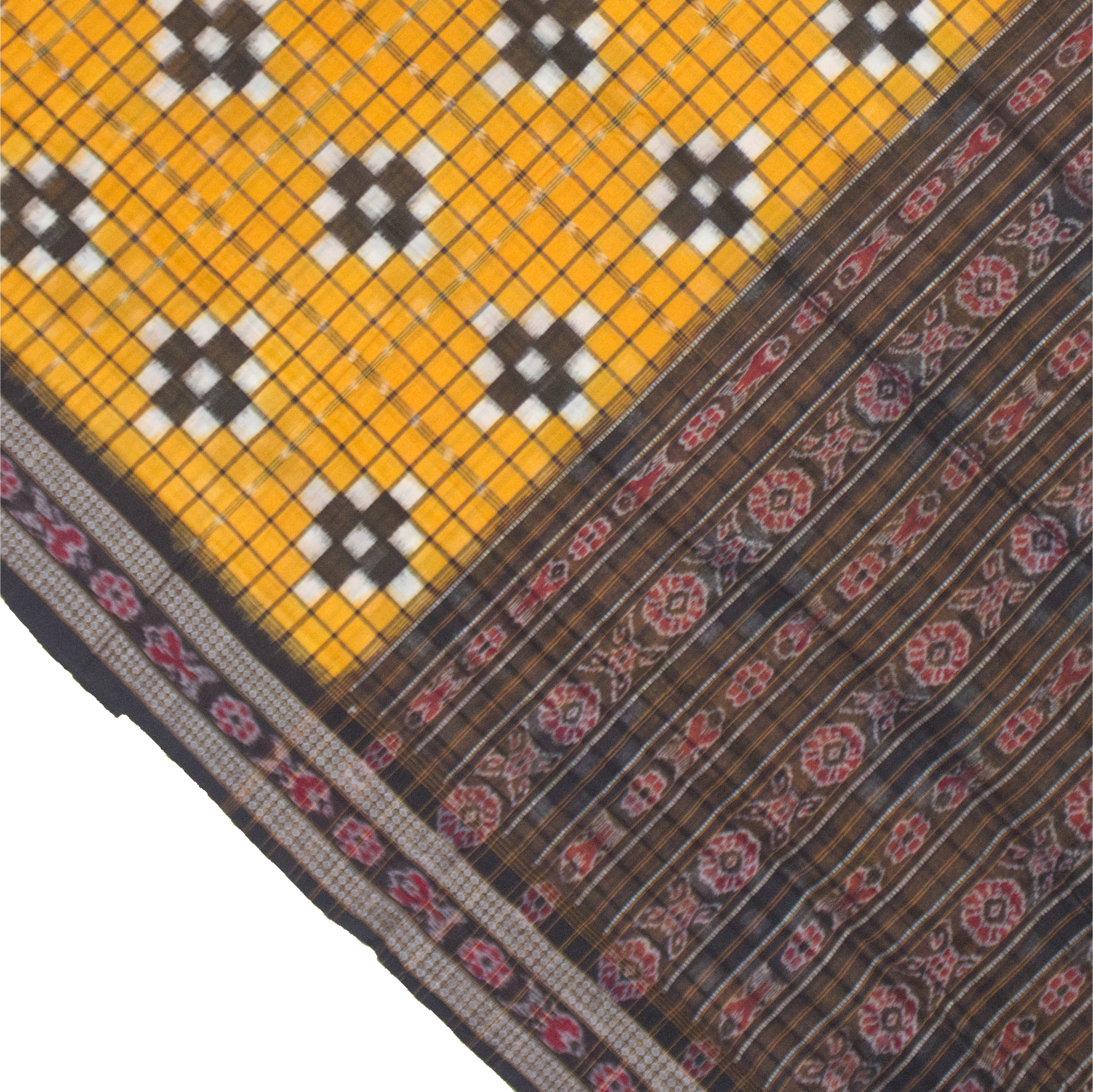 Mustard Yellow & Charcoal Black Grid Motif Sambalpuri Double Ikat Cotton Saree