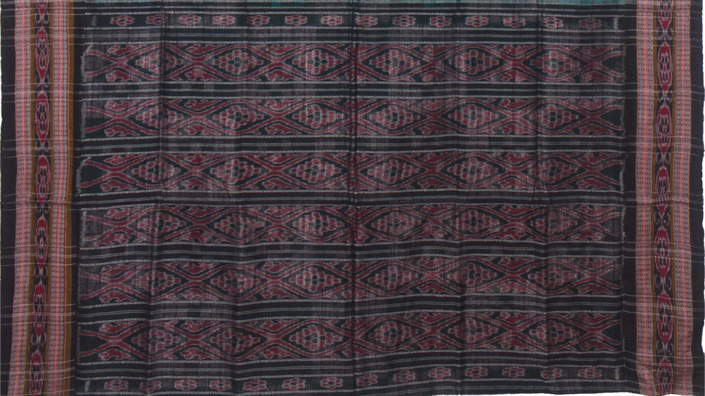 Ethnica Handloom Teal & White Ikat Saree with Maroon Border