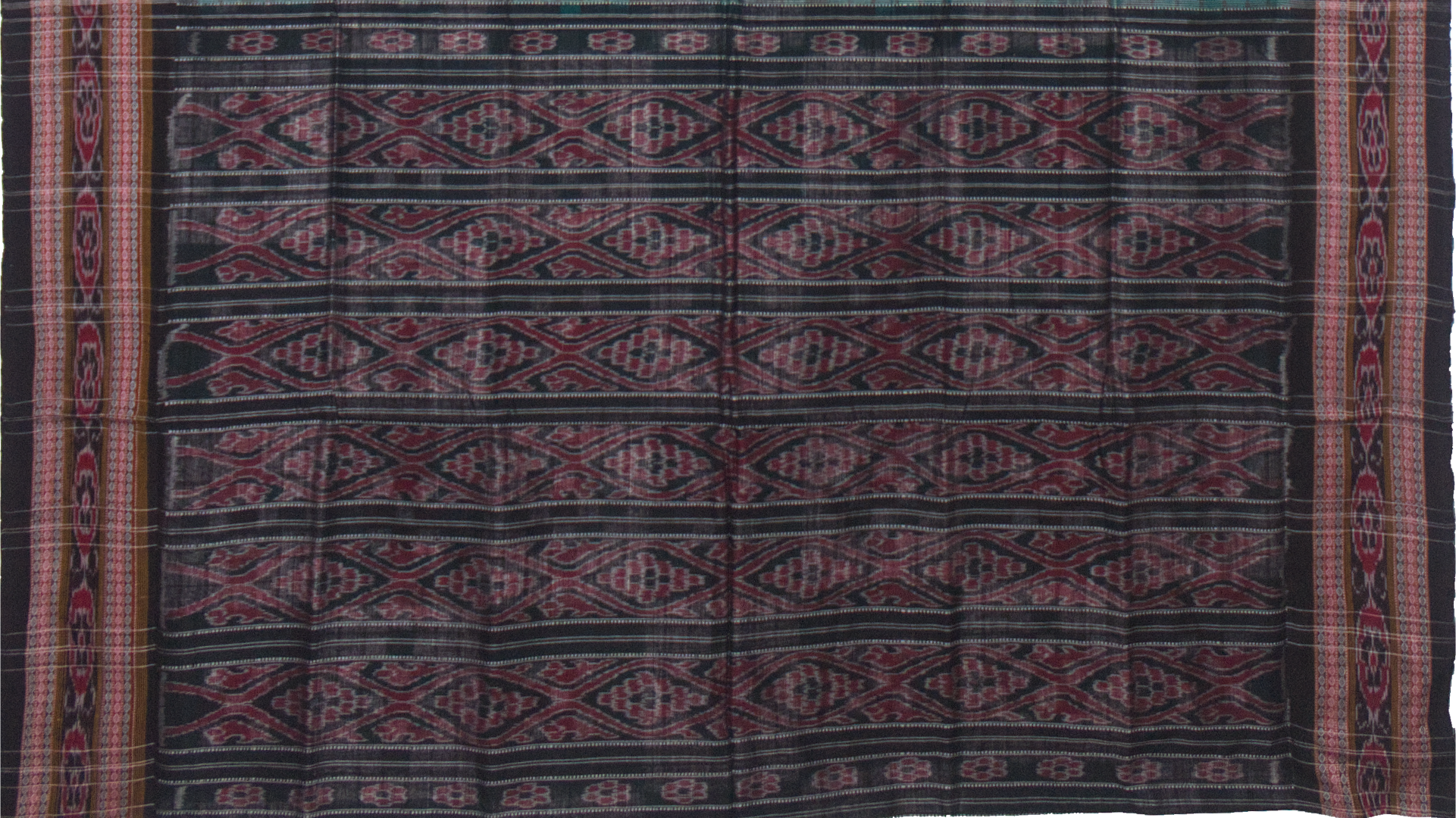 Ethnica Handloom Teal & White Ikat Saree with Maroon Border