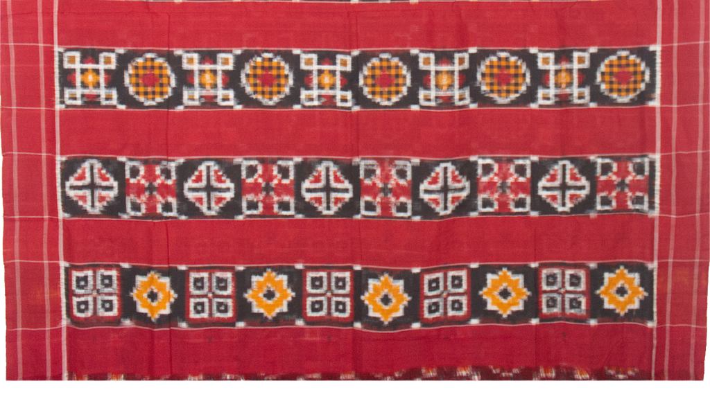 Charcoal Black & Madder Red Geometric Sambalpuri Double Ikat Cotton Saree