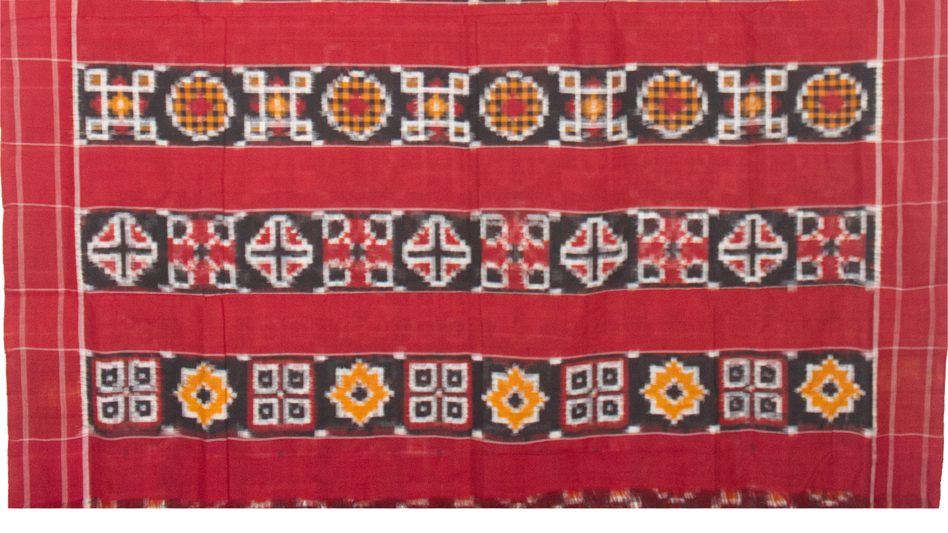 Charcoal Black & Madder Red Geometric Sambalpuri Double Ikat Cotton Saree