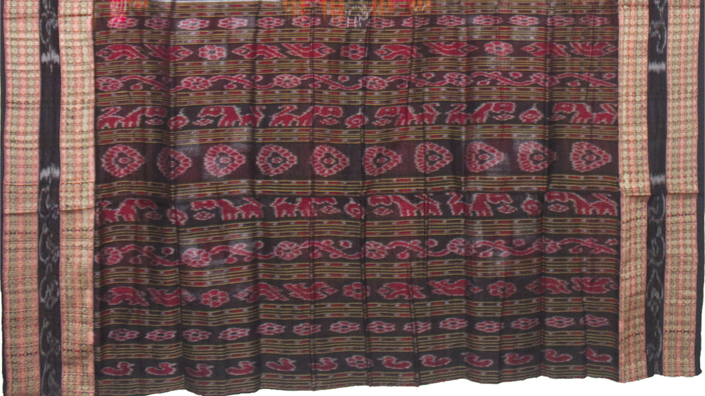 Crimson Red & Charcoal Black Pasapalli Checkerboard Sambalpuri Double Ikat Cotton Saree
