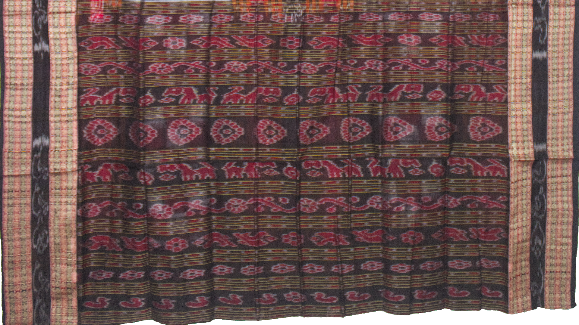 Crimson Red & Charcoal Black Pasapalli Checkerboard Sambalpuri Double Ikat Cotton Saree