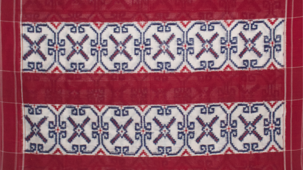 Off-White & Crimson Red Geometric Pochampally Double Ikat Cotton Saree