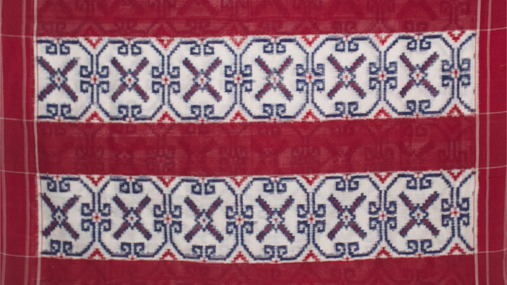 Off-White & Crimson Red Geometric Pochampally Double Ikat Cotton Saree