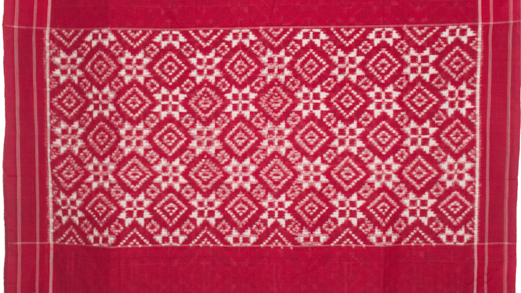 Crimson Red & Jet Black Geometric Grid Telia Rumal Double Ikat Cotton Saree