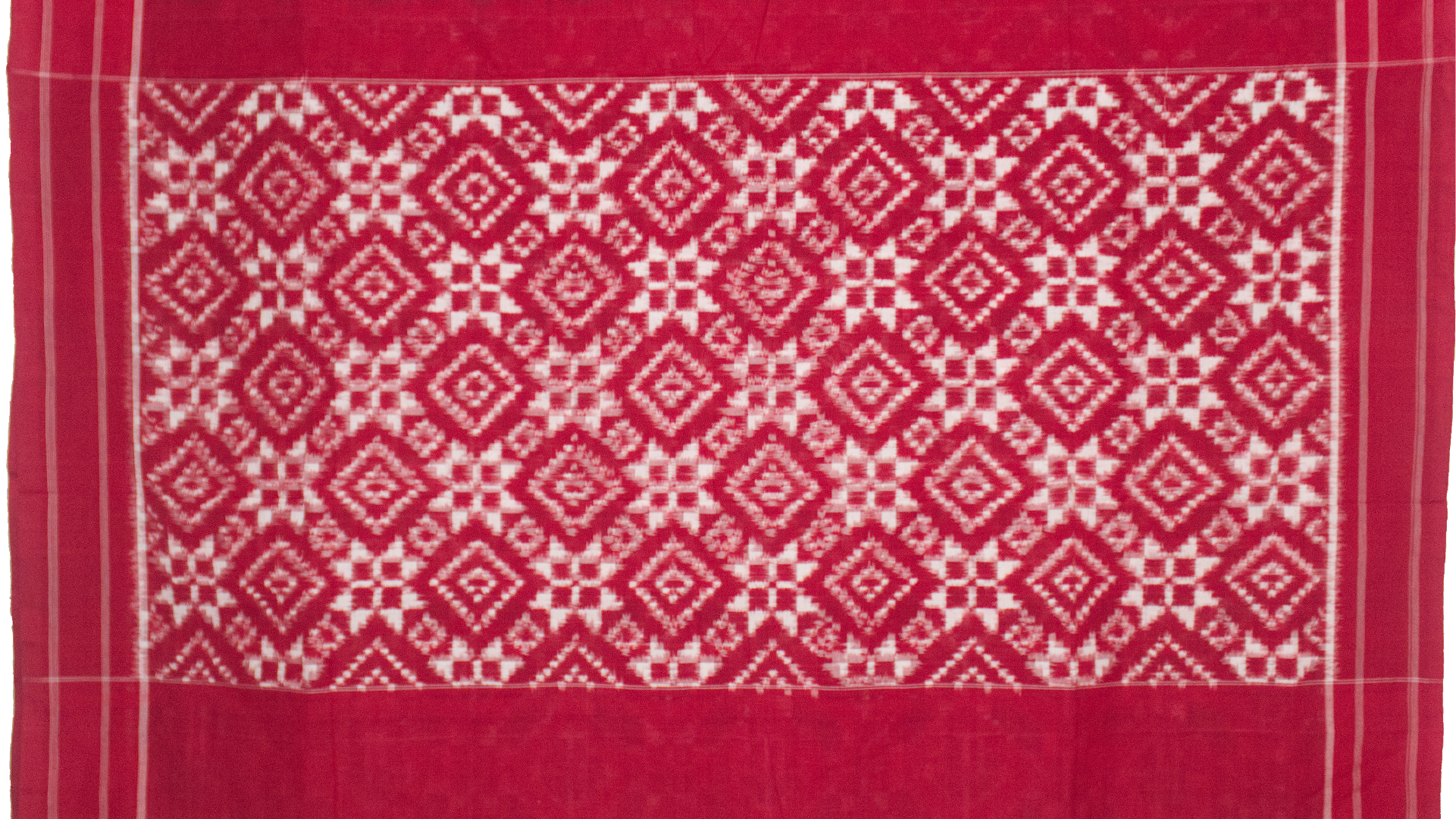 Crimson Red & Jet Black Geometric Grid Telia Rumal Double Ikat Cotton Saree