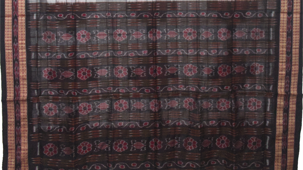 Pearl White & Crimson Red Geometric Sambalpuri Double Ikat Cotton Saree