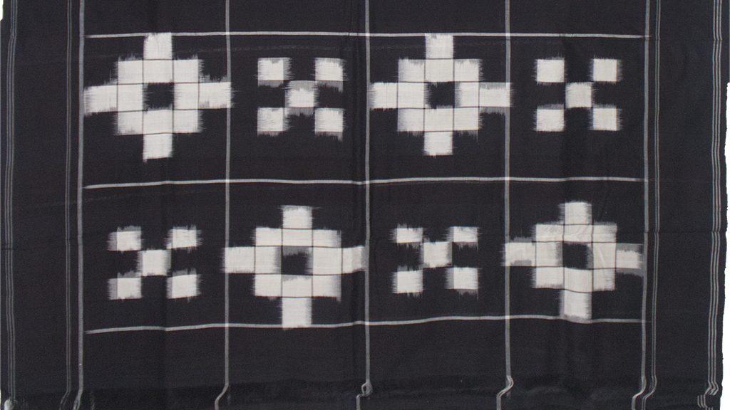 Midnight Black & Ivory White Grid Telia Rumal Double Ikat Cotton Saree