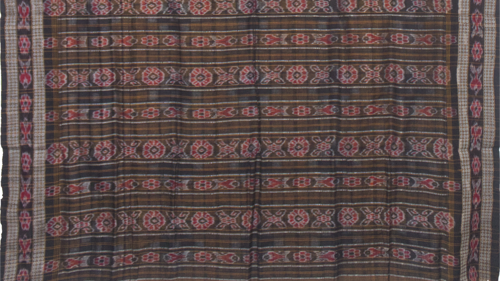 Mustard Yellow & Charcoal Black Grid Motif Sambalpuri Double Ikat Cotton Saree