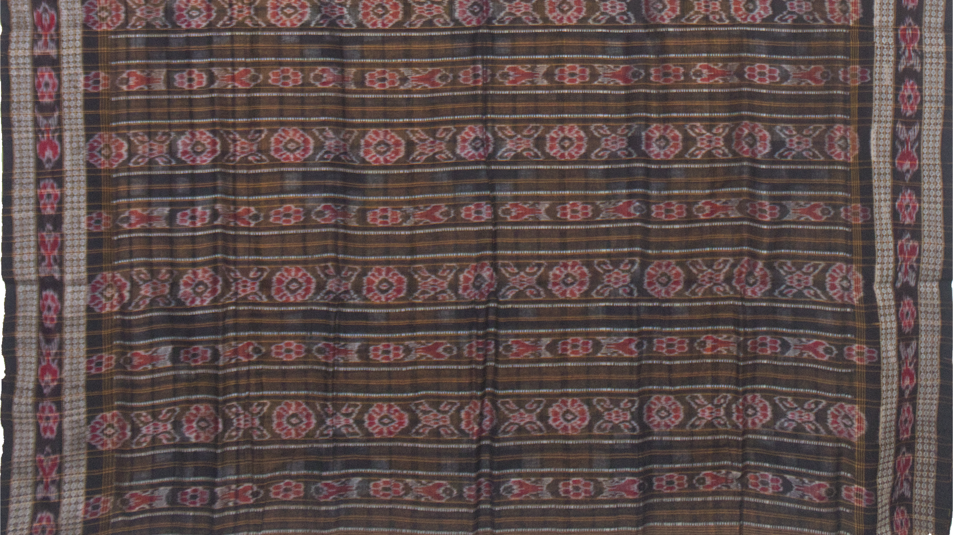 Mustard Yellow & Charcoal Black Grid Motif Sambalpuri Double Ikat Cotton Saree