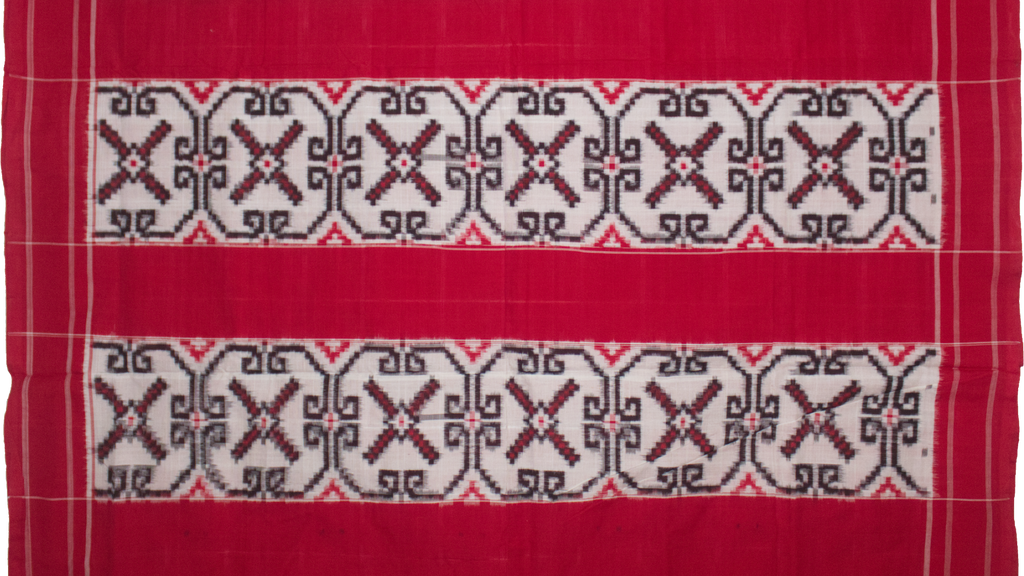 Off-White & Crimson Red Geometric Grid Telia Rumal Double Ikat Cotton Saree