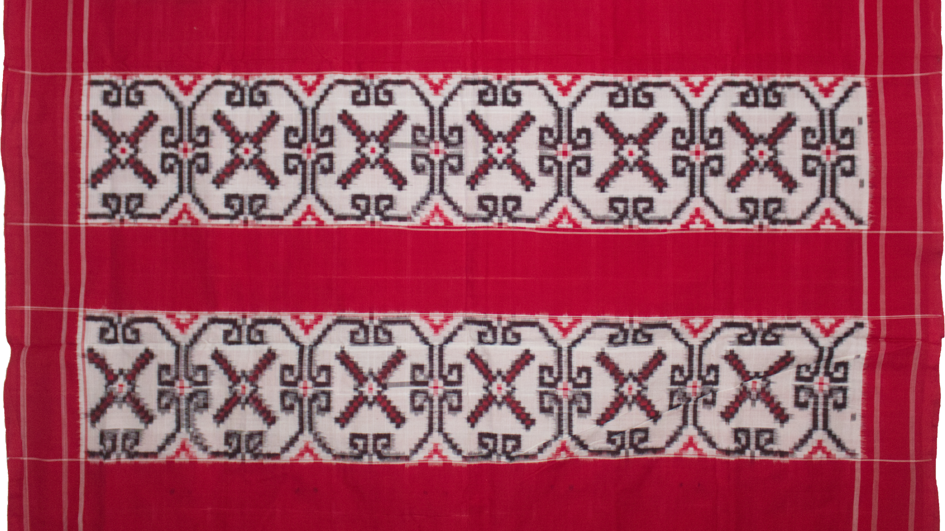 Off-White & Crimson Red Geometric Grid Telia Rumal Double Ikat Cotton Saree