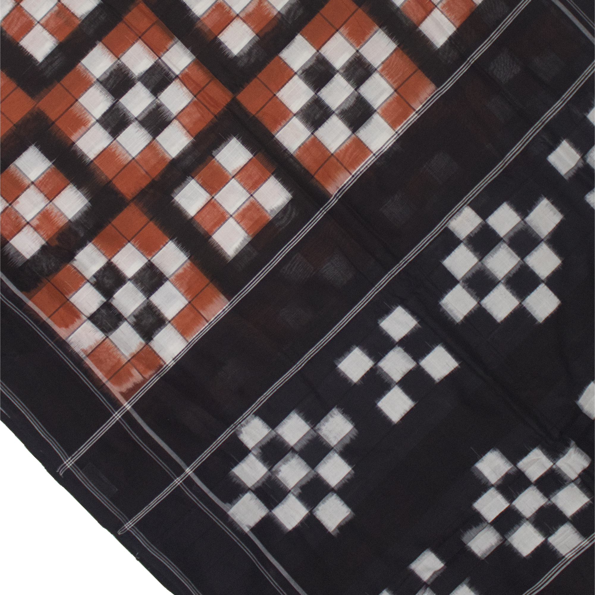 Ethnica Handwoven Ikat Checkered Cotton Saree - Black & Rust