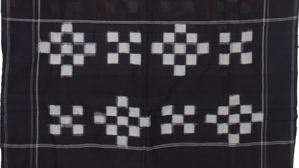 Ethnica Handwoven Ikat Checkered Cotton Saree - Black & Rust