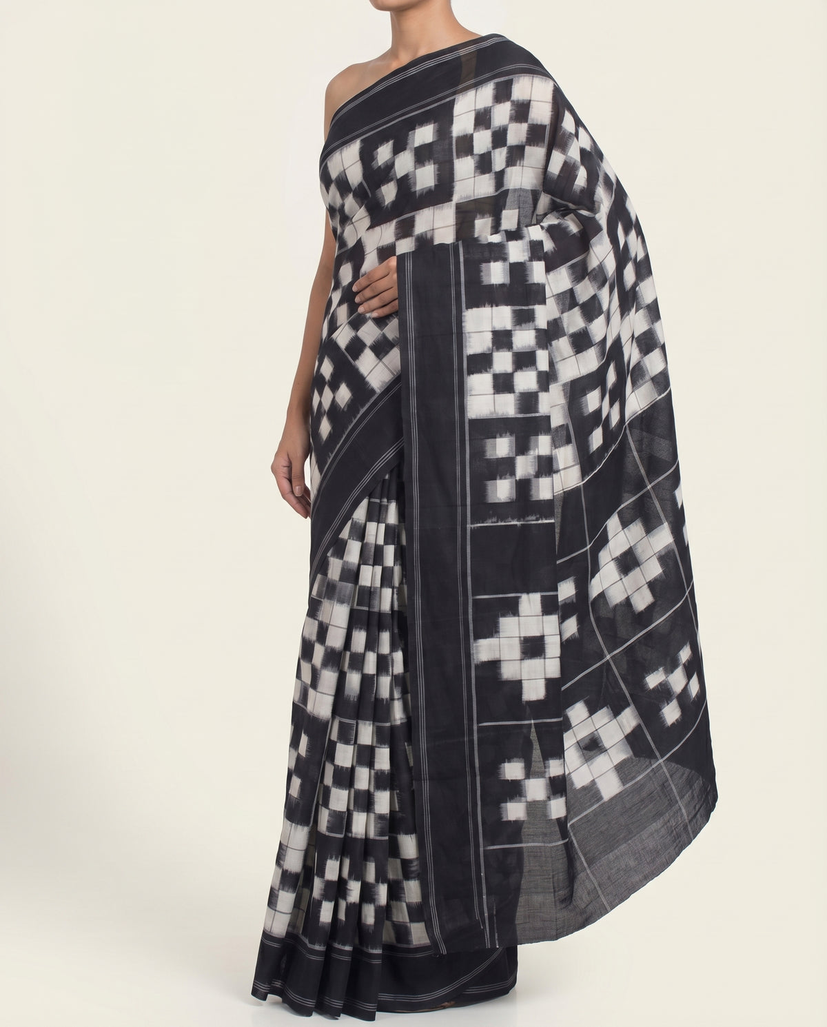 Midnight Black & Ivory White Grid Telia Rumal Double Ikat Cotton Saree