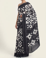 Midnight Black & Ivory White Grid Telia Rumal Double Ikat Cotton Saree