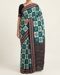 Ethnica Handloom Teal & White Ikat Saree with Maroon Border