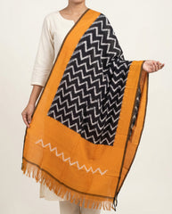 Ochre Yellow & Jet Black Chevron Pochampally Single Ikat Cotton Dupatta