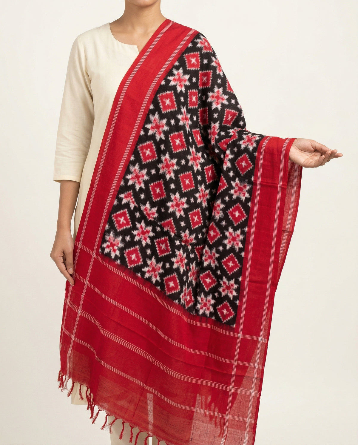 Crimson Red & Raven Black Geometric Telia Rumal Double Ikat Cotton Dupatta