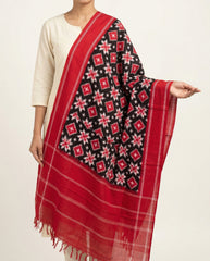 Crimson Red & Raven Black Geometric Telia Rumal Double Ikat Cotton Dupatta