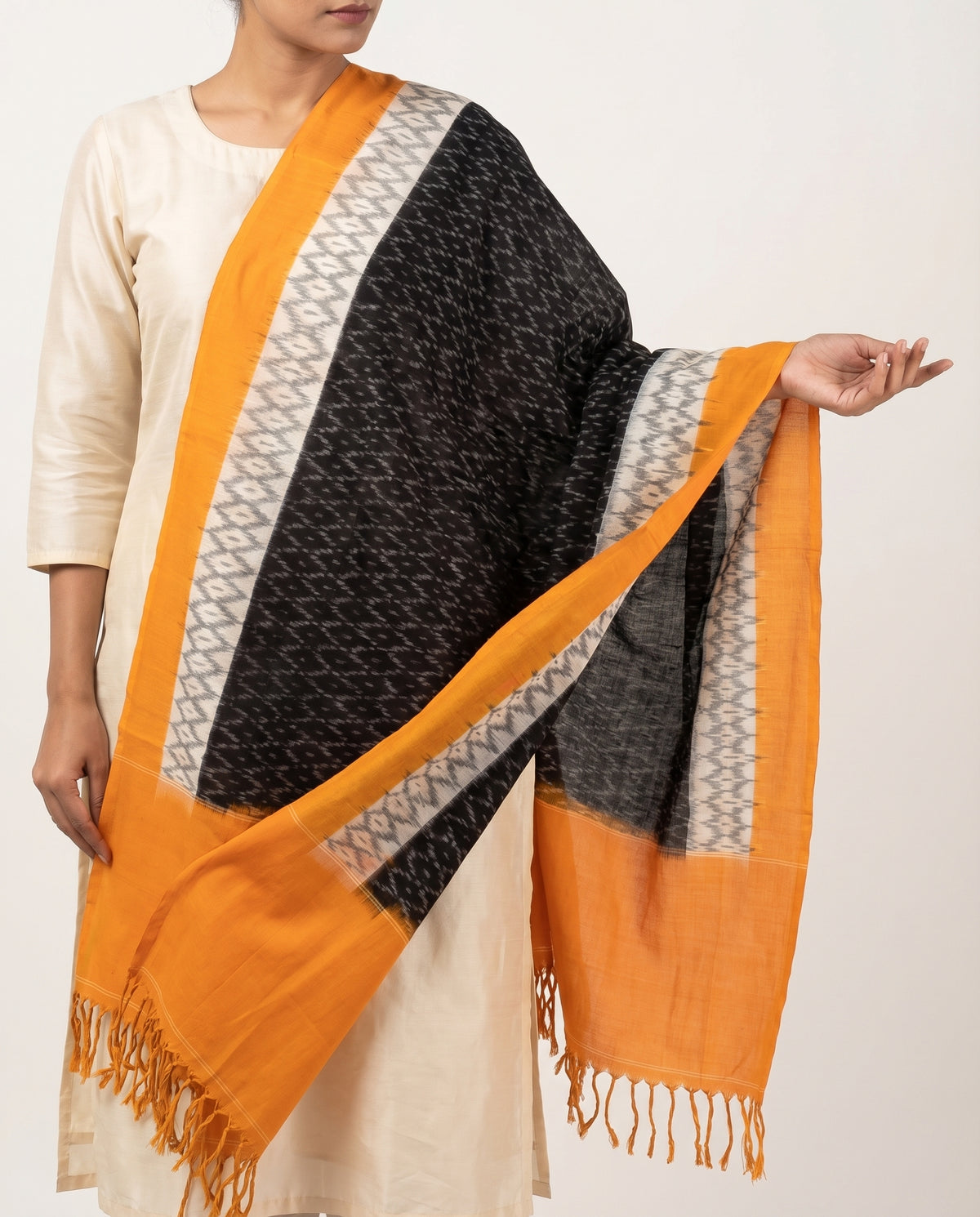 Jet Black & Turmeric Yellow Geometric Sambalpuri Single Ikat Cotton Dupatta