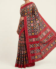 Charcoal Black & Madder Red Geometric Sambalpuri Double Ikat Cotton Saree