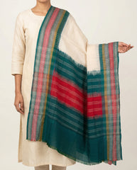 Off White & Teal Blue Geometric Sambalpuri Single Ikat Cotton Dupatta