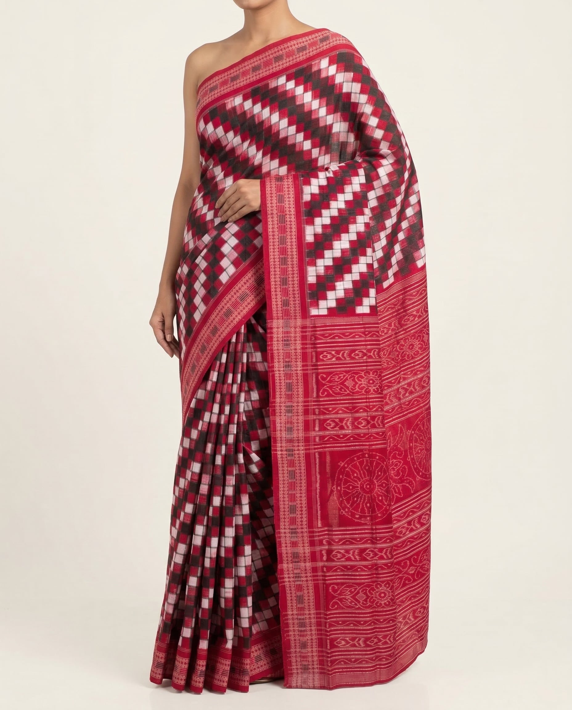 Ethnica Red & Black Checkered Ikat Handloom Saree